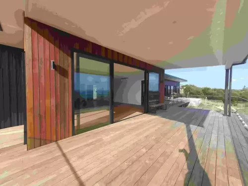 Cedar cladding with glass strut balustrade